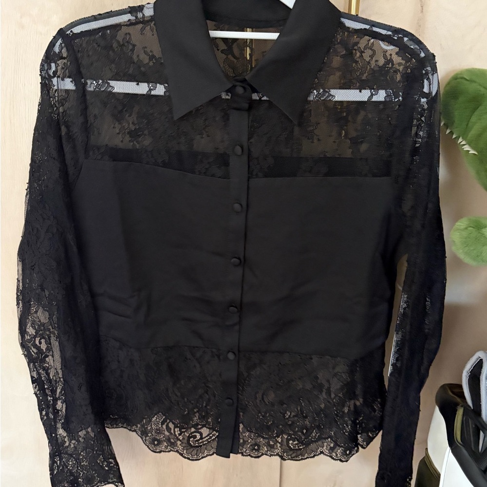 Aqua Black Lace Button-Down Shirt